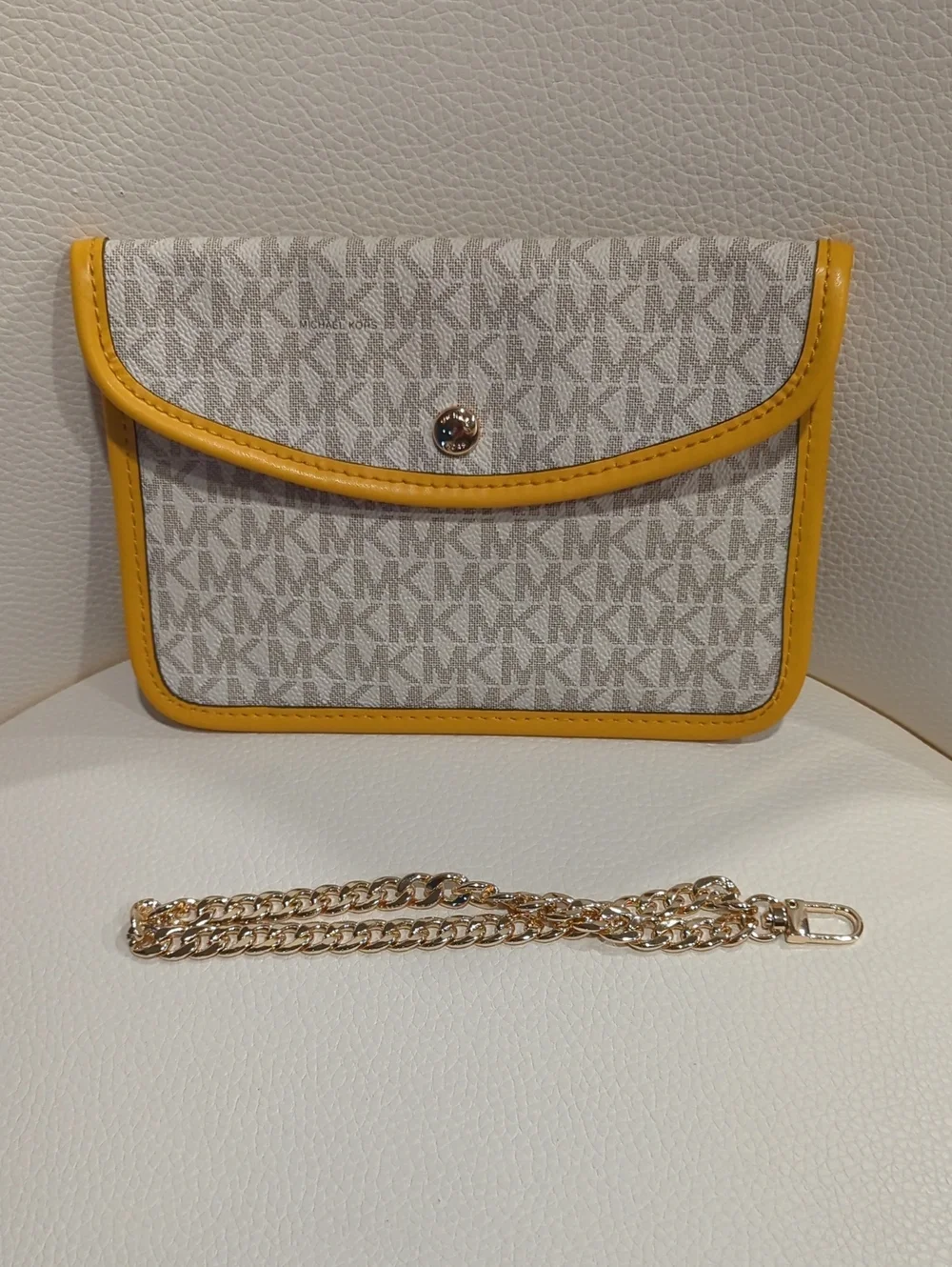 Michael Kors Beige Signature Monogram Clutch with Yellow Trim